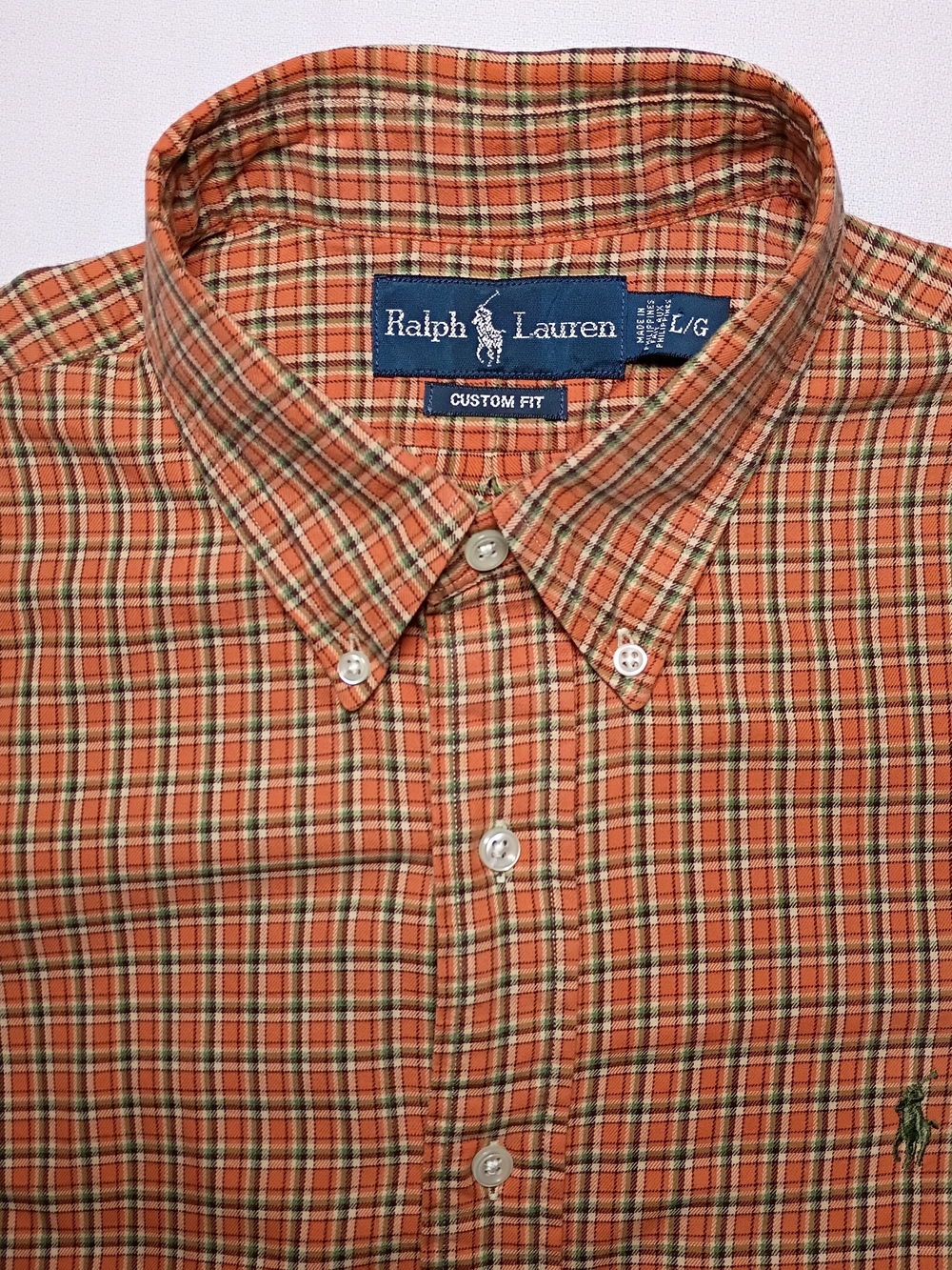 Vintage Ralph Lauren Mens Custom Fit Button Down Shirt Large Orange Plaid